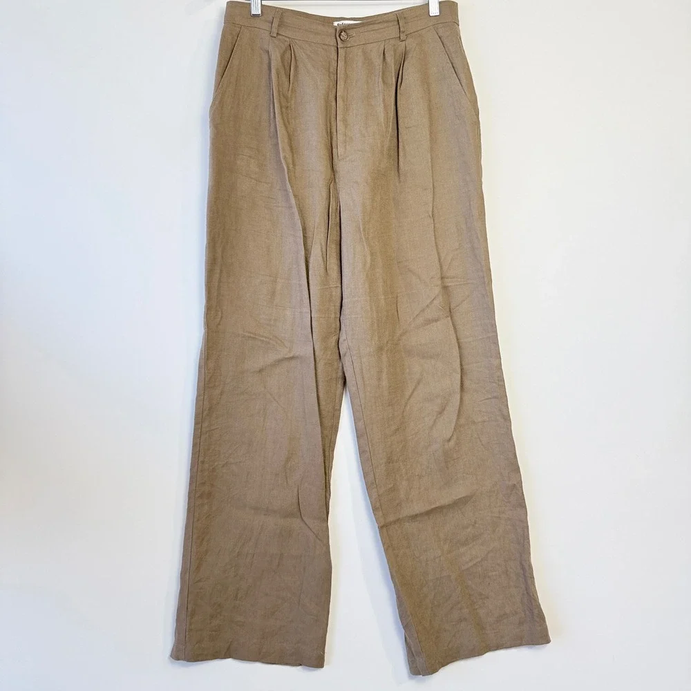 Reformation Mason Pants Women 10 Tan $188 100% Linen High Rise Wide Leg